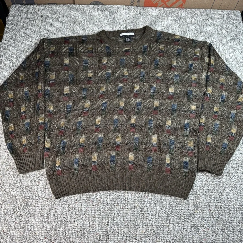 Vintage Geoffrey Beene Classics Sweater Mens XL Acrylic Geometric Pullover Brown